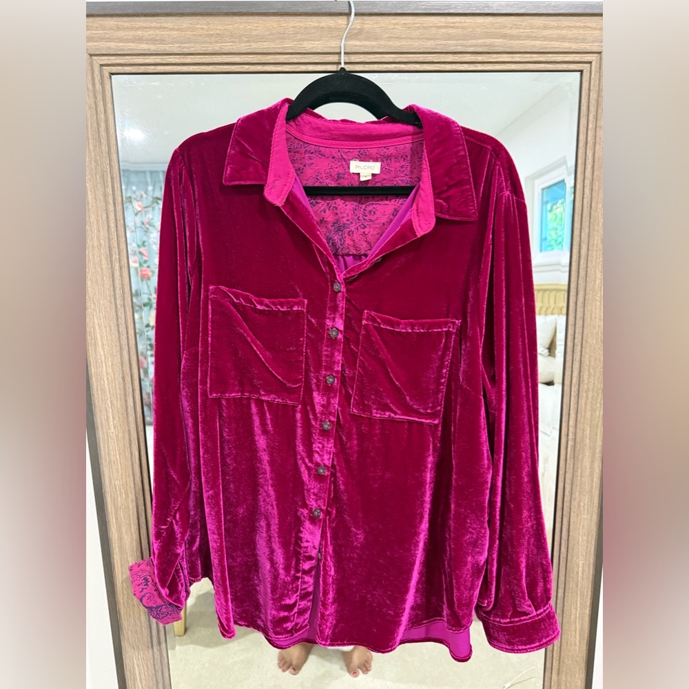 Anthropologie Velvet Button-Down Shirt in Rich Pink